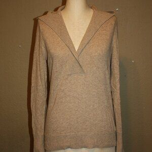 J.CREW V NECK KNITTED WOOL BLEND LIGHT BROWN HOODED SWEATER - MEDIUM 4 6